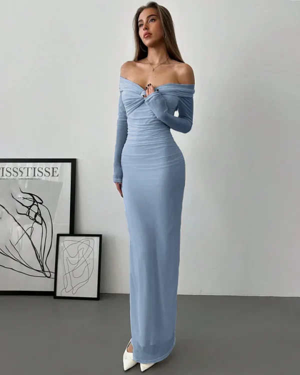 Off Shoulder Mesh Ruched Fitted Dress